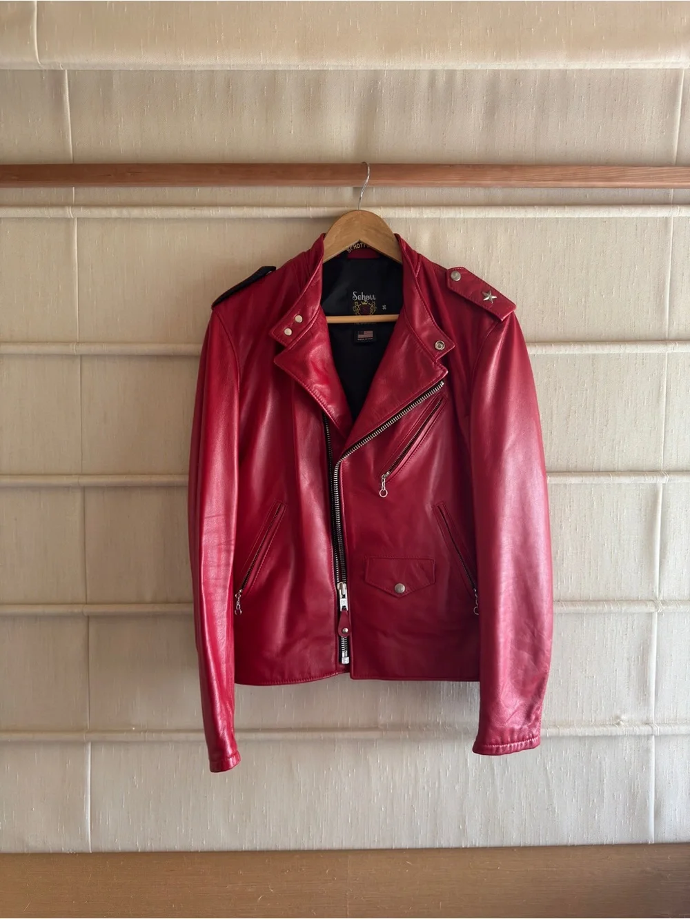Custom Schott NYC Red Leather Biker Jacket with Asymmetrical Zip - Size 36